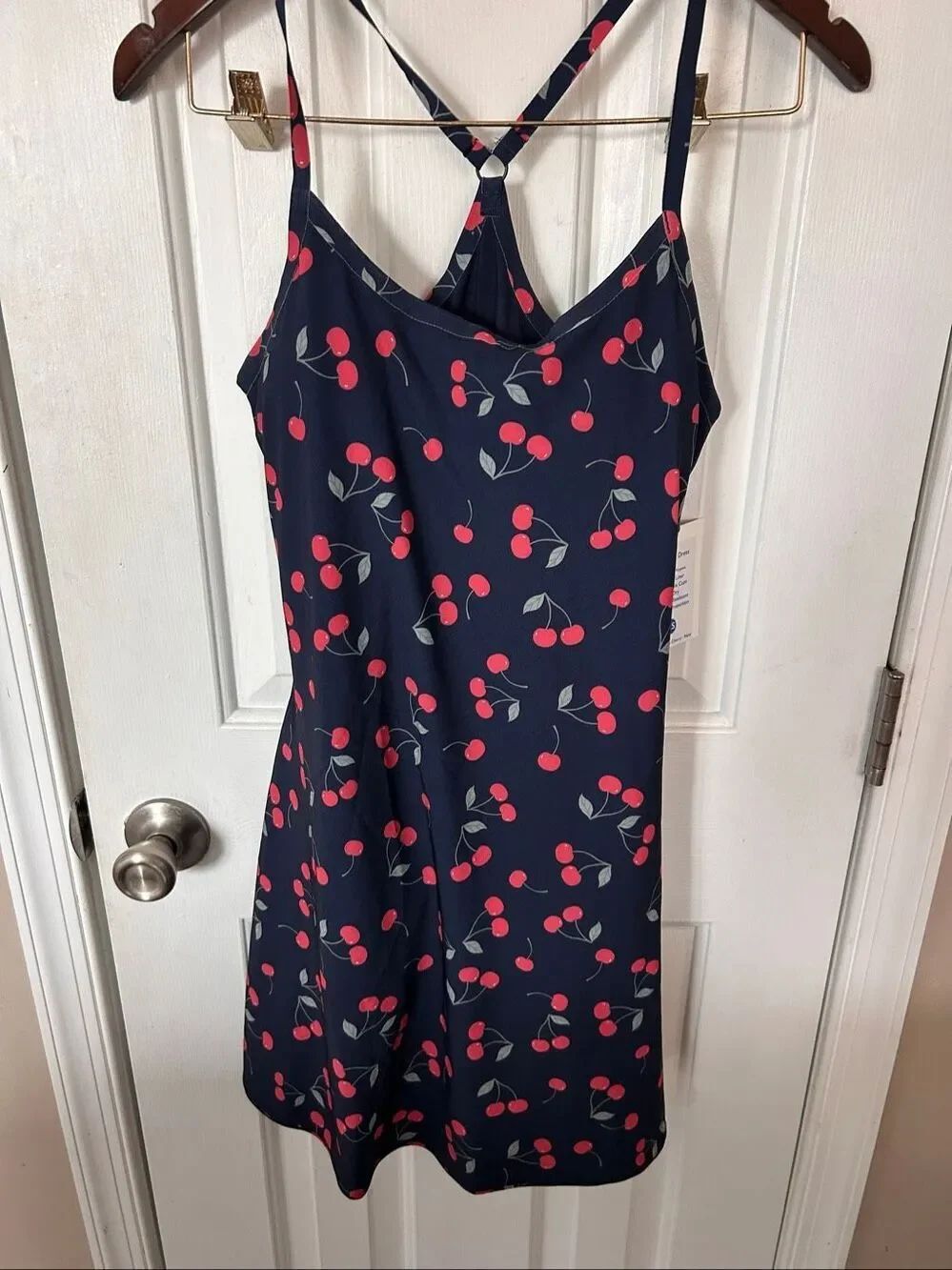 Outdoor Voices Navy Blue Cherry Print Strappy Mini Dress extra Small XS new shor